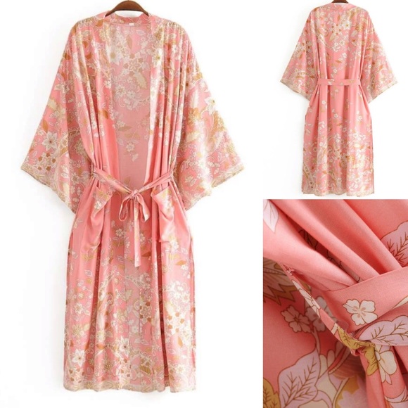 Swimwear cover up pink floral boho kimono - Picture 2 of 8